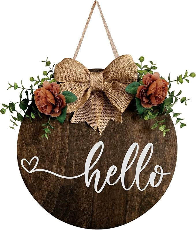 Wood Round Hello Welcome Wreath Sign Hanging Decoration Front Door, Farmhouse Porch Sign and Arti... | Amazon (US)