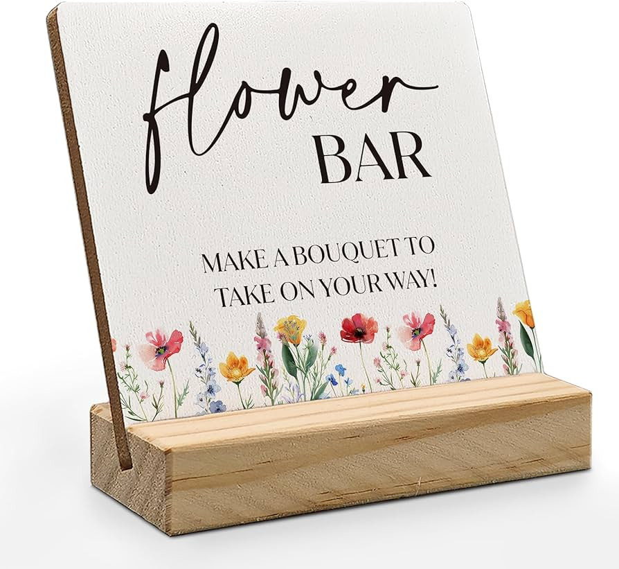 ANlANG Flower Bar Sign 4X4 inch, Flower Bar Desk Decor, Bridal Shower Sign Wood Plaque, Wedding f... | Amazon (US)