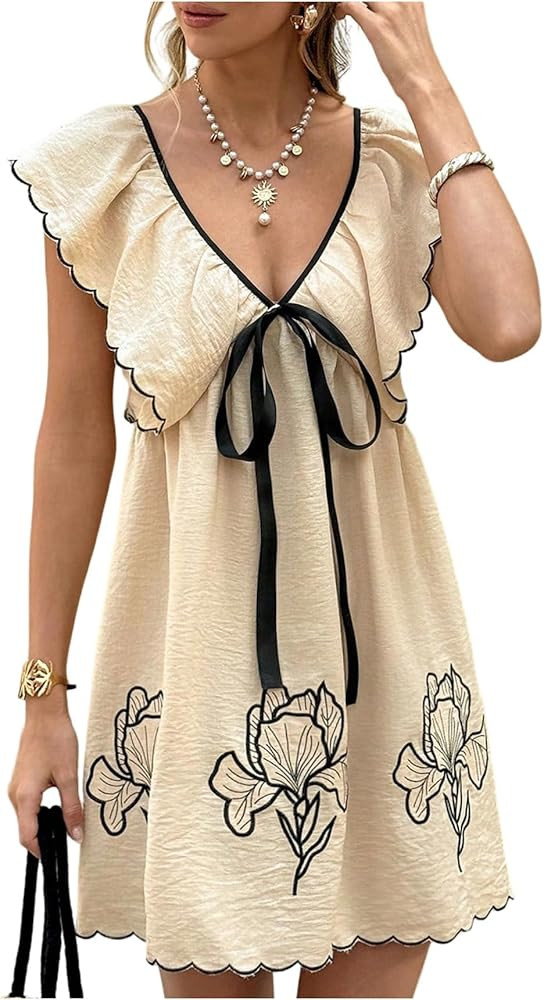 Floerns Women's Floral V Neck Summer Dresses Tie Front Ruffle Cap Sleeve Vacation Mini Dress | Amazon (US)