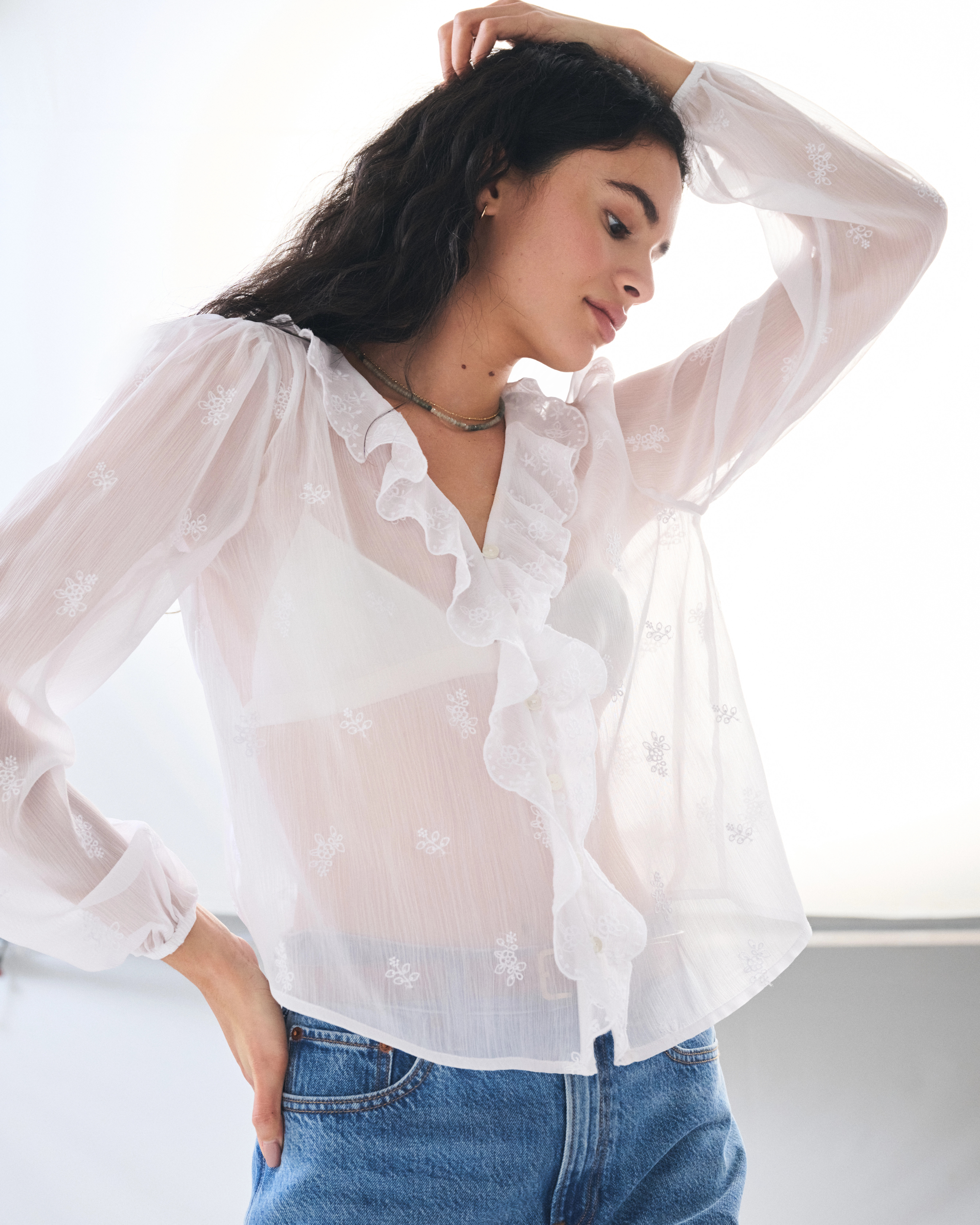Sheer Embroidered Ruffle Button-Through Blouse | Abercrombie & Fitch (US)