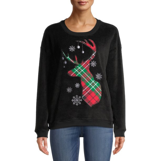 Women's Christmas Plush Crewneck Sweatshirt | Walmart (US)