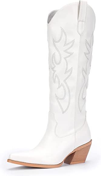 Amazon.com | Pasuot Western Cowboy Boots for Women - White Knee High Wide Calf Embroidered Cowgir... | Amazon (US)