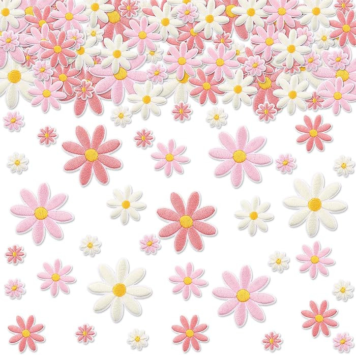 Lyrow 60 Pcs Daisy Flower Iron on Patches 3 Sizes,Beige, Light Pink, Pink | Amazon (US)