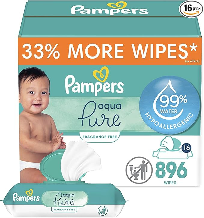 Pampers Baby Wipes Aqua Pure, 99% Water Based Wipes, Hypoallergenic and Unscented Infant Wipe, 89... | Amazon (US)