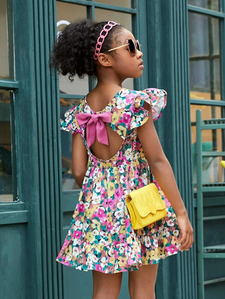 SHEIN Girls Floral Print Cut Out Bow Back Ruffle Hem Dress | SHEIN