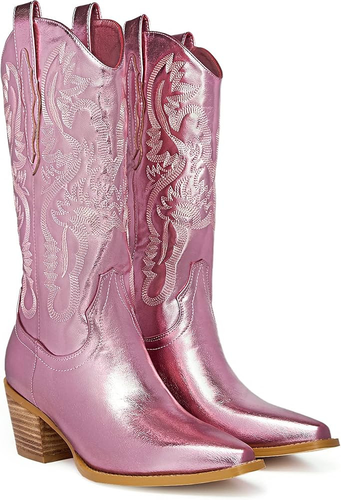 GOSERCE Western Cowboy Mid Calf Boots Pull-Up Tabs Embroidered Sparkly Metallic Cowgirl Boots For... | Amazon (US)