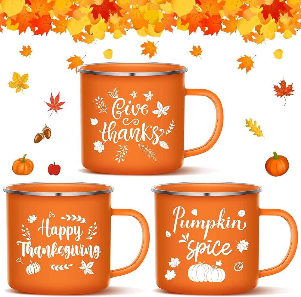 3 Pieces Pumpkin Enamel Coffee Mug 16 Oz Fall Mug Autumn Latte Mug Pumpkin Spice Give Thanks Happ... | Amazon (US)