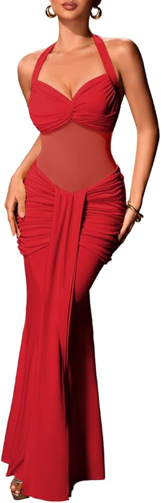 Sweetheart Neckline Dress,Mesh Patchwork Ruched Halter Maxi Dresses,Women Sexy Birthday Dinner Ou... | Amazon (US)