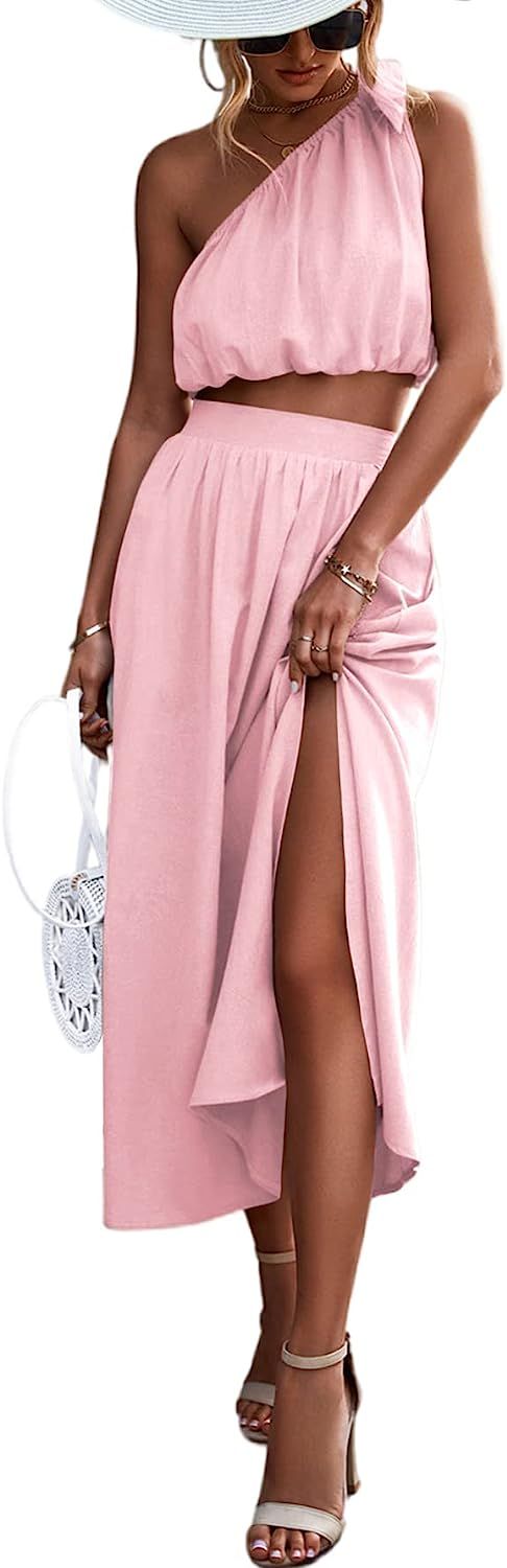 Umenlele Women's 2 Piece Outfits Tie Knot One Shoulder Tank Top High Waist Side Split Maxi Skirt | Amazon (US)