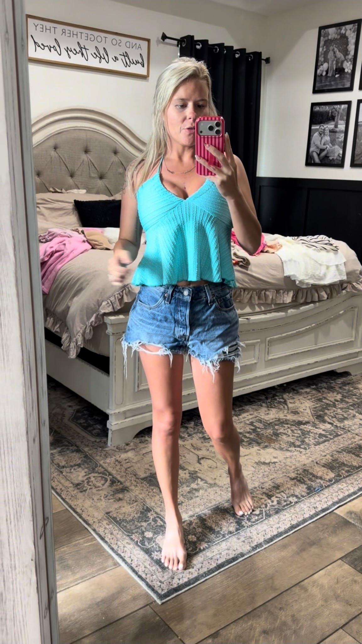 Wearing a small in the tank top, I’d buy this tank top in every color! Size 26 in the shorts 