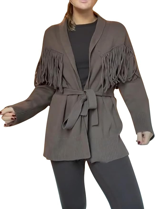 Women's Fringe Knit Cardigan with Tie Waist, Oversized Open Front Sweater Coat Casual Boho Fall W... | Amazon (US)