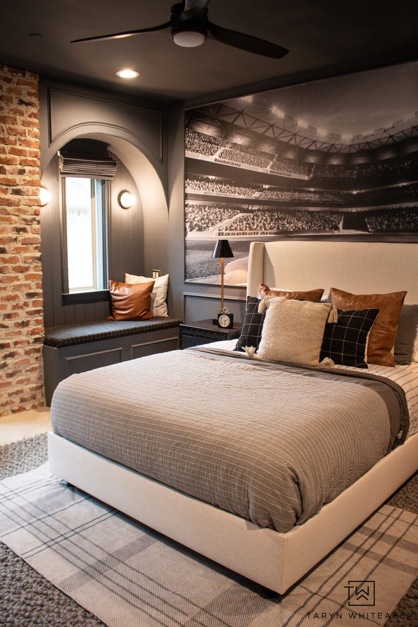 This room has ALL the character 🖤 The moody walls, exposed brick + built-in window seat make this bedroom feel so cozy and unique. Such a good mix of modern and vintage!

#LTKSeasonal #LTKHome