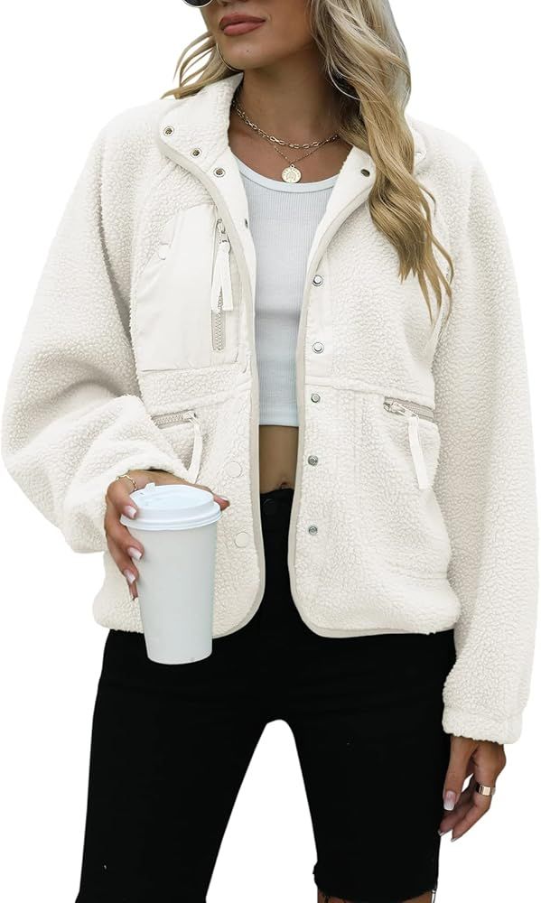 Yanekop Womens Fleece Jacket Fuzzy Long Sleeve Short Coats Button Down Sherpa Outerwear with Pockets | Amazon (US)