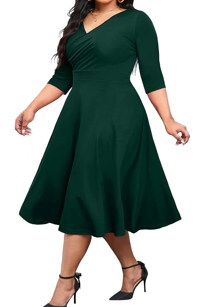 CLOCOR Women's Plus Size Midi Dress 3/4 Sleeve A-Line Swing Dress V Neck Flowy Casual Dresses | Amazon (US)