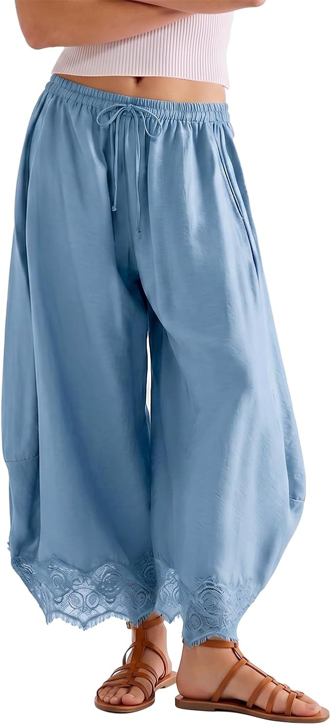Women Cropped Lace Hem Pants Summer Wide Leg Pants Casual Loose Drawstring Waist Lightweight Trou... | Amazon (US)