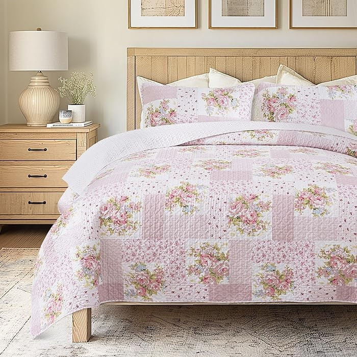 Soul & Lane Cotton Quilt Set - Twin Size and 1 Sham, Pink Floral Patchwork Bedding Set with Coque... | Amazon (US)