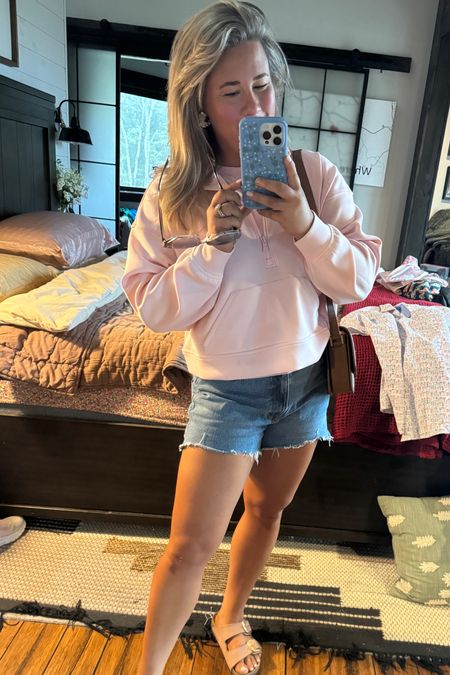 Light pink half zip pullover, Jean mom shorts and sandals…. WE ARE READY FOR THE BEACH! 

This travel look is comfortable, put together and easy for you to throw on! 

Birkenstock sandals. Big buckle sandals. Mom shorts. Jean shorts. A&F shorts. Pink pullover. Pink sweatshirt. Blue phone case. Spring phone case. 

#LTKtravel #LTKSeasonal