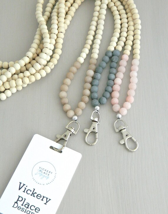 Beaded Lanyard, teacher lanyard, ID Badge Holder, Personalized Lanyard Keychain, Gemstone Wood La... | Etsy (US)