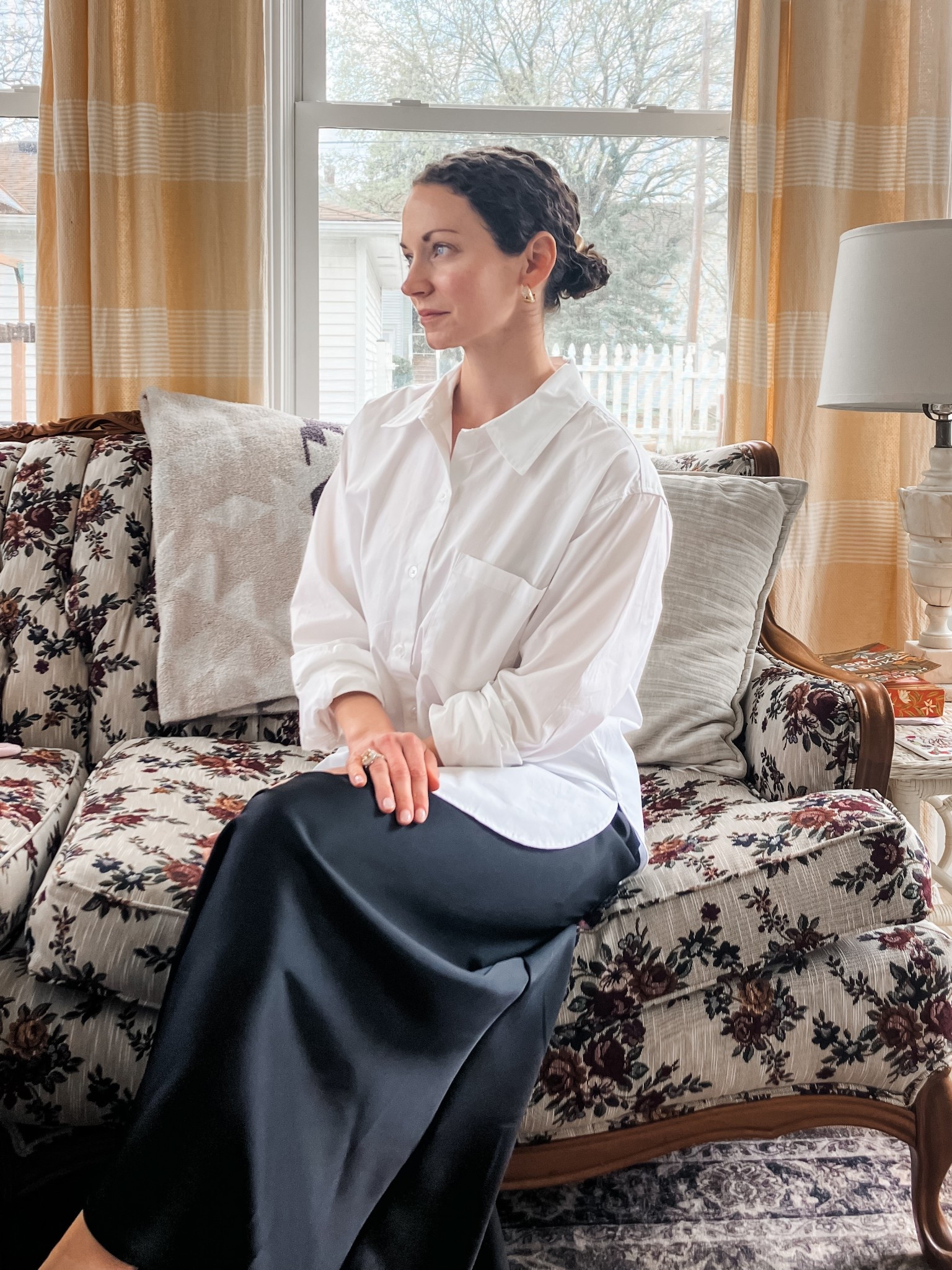 An oversized cotton button up and satin skirt for spring!
White cotton button up shirt from Banana Republic. 
Black satin maxi skirt from Amazon. 
Gold and white topaz earrings from Peachmind. 
Citrine and white topaz ring from Nordstrom. 
Gold hair tie from Amazon  
Parisian outfit. Spring outfit. Office outfit. Classic outfit. Neutral outfit.  Modest outfit  

#LTKmomlife #LTKOver40 #LTKdayinmylife