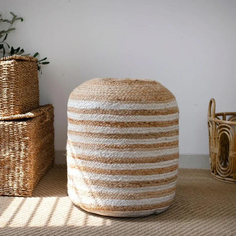Ox Bay Lev Striped Farmhouse Jute Hand-Woven Indoor Ottoman Pouf, Natural/White, 18" x 18" x 18" | Walmart (US)
