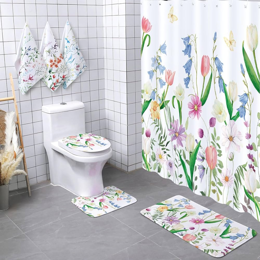 Newwiee 7 Pcs Spring Floral Shower Curtain Set Themed Bathroom Decor Shower Curtain and Mats Towe... | Amazon (US)