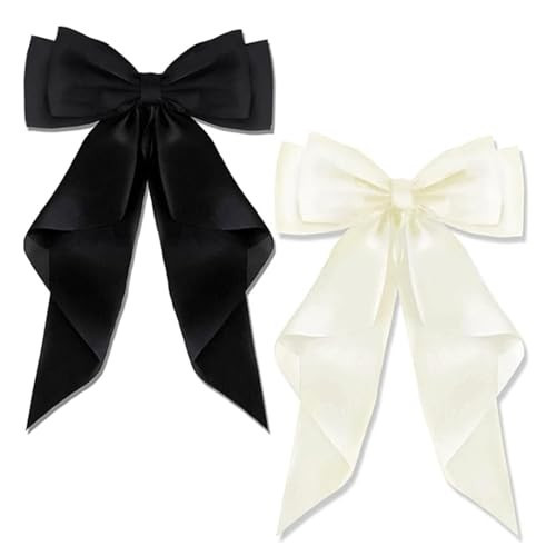Big Bow Hair Clips - 2 PCS with Long Silky Satin, Large Barrette Clip, Solid Color - Black + White | Amazon (UK)