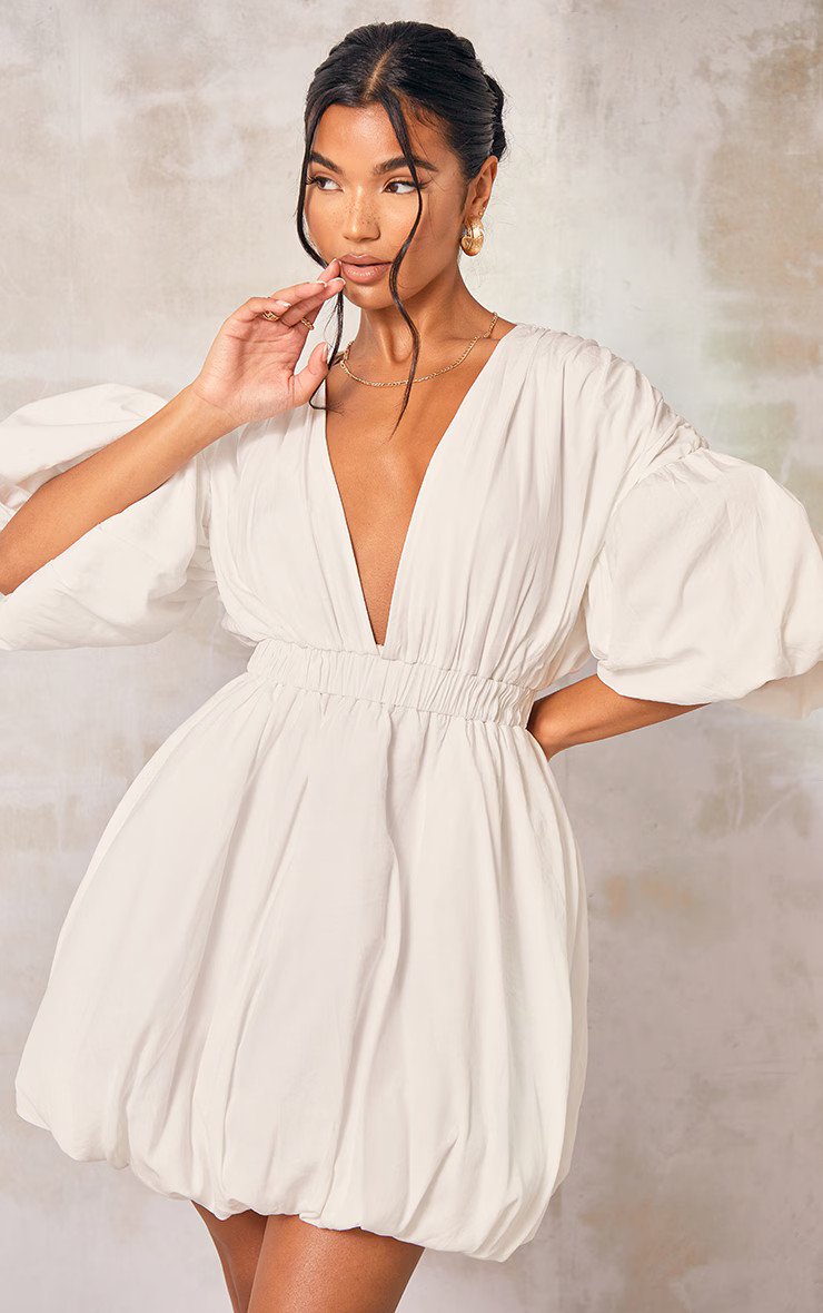 White Puff Sleeve Puffball Hem Shift Dress | Pretty Little Thing (Australia & New Zealand)