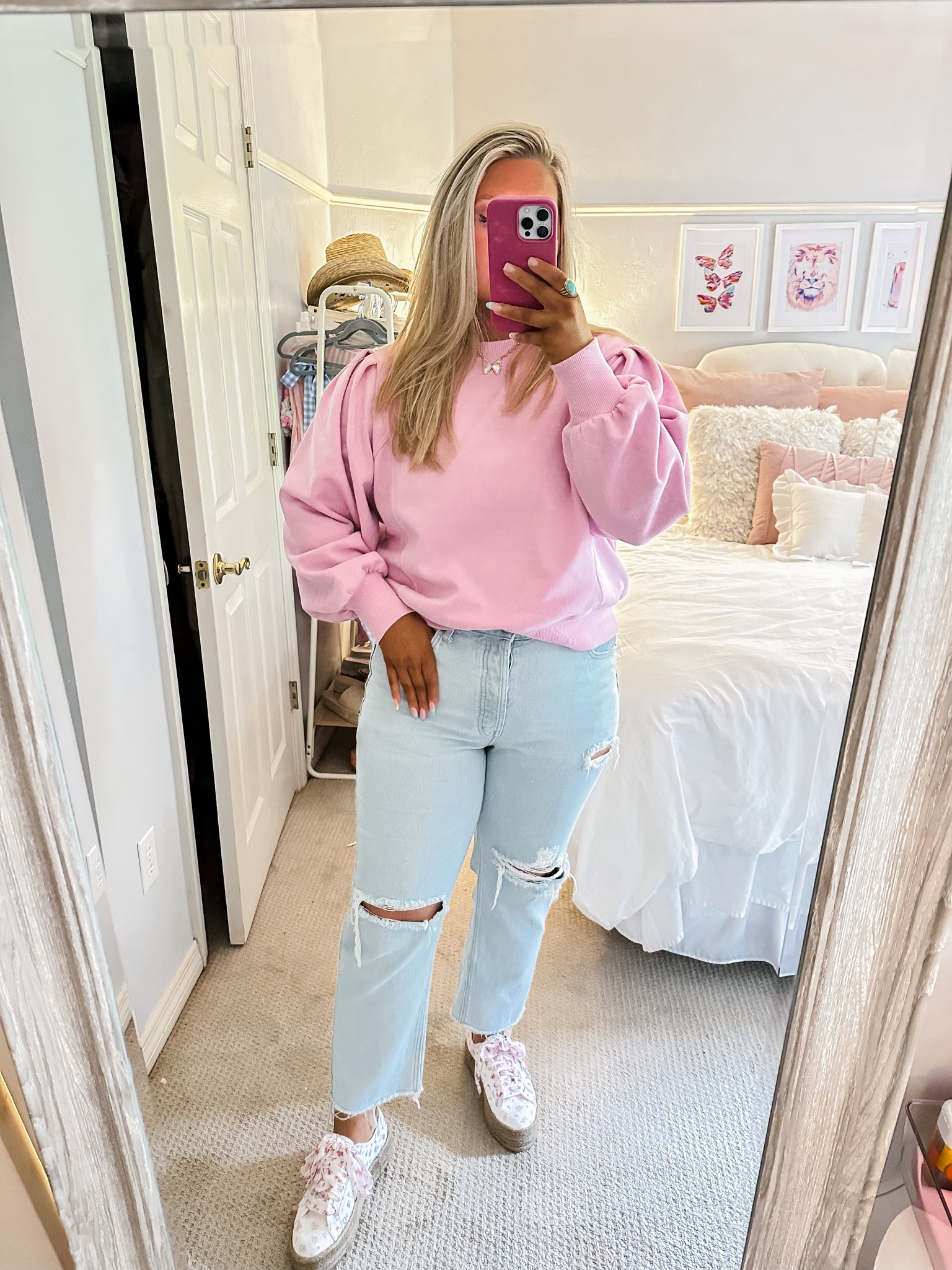 Sunday ootd. Easter outfit. Casual outfit. Floral shoes. Sweatshirt. Jeans. Puff sleeve top. Pink. Pastels. Spring outfit 

#LTKstyletip #LTKcurves #LTKSeasonal