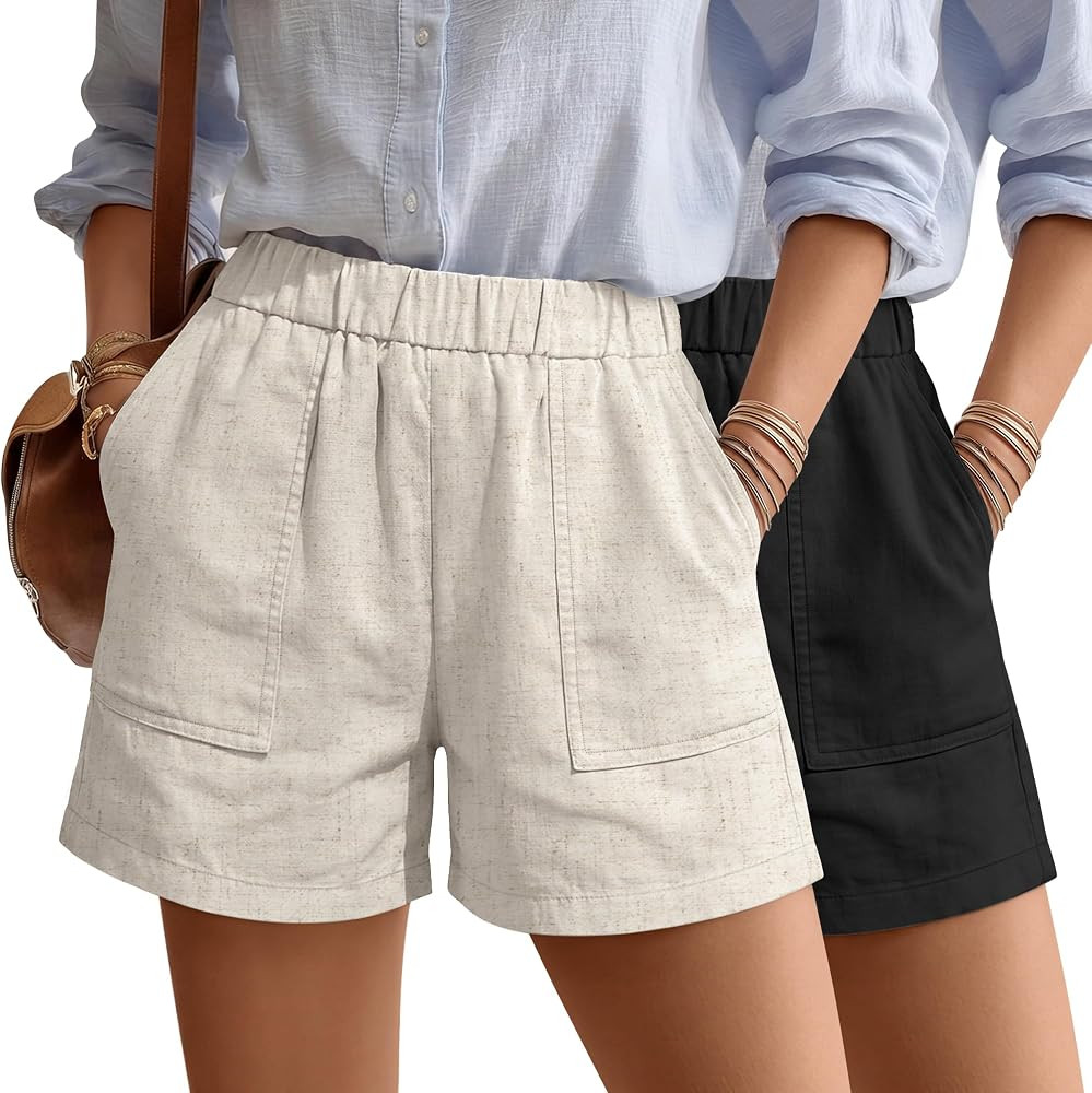 Neer 2 Pack Women's Linen Shorts Elastic Waist Casual Comfy Summer Pull on Beach Shorts with Patc... | Amazon (US)