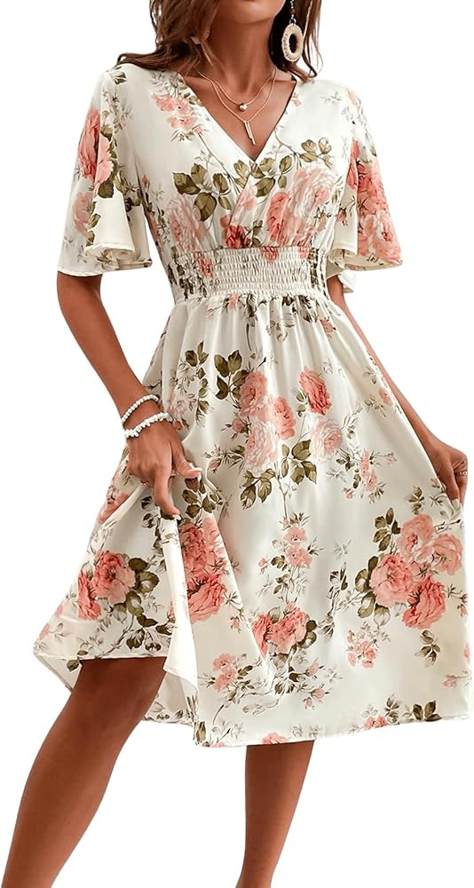 SHENHE Women's Floral V Neck Flutter Short Sleeve A Line Flowy Boho Summer Midi Dress | Amazon (US)