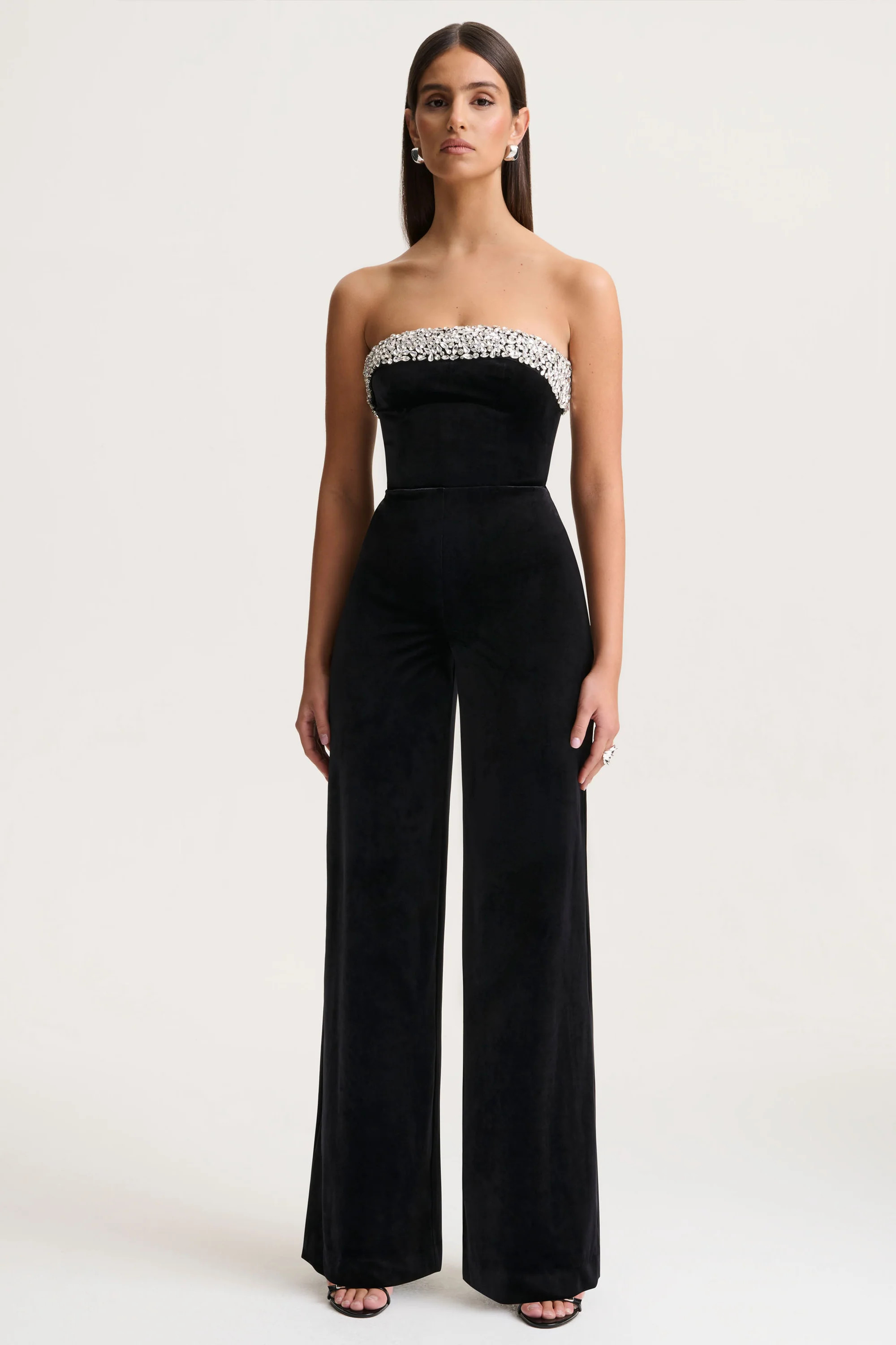 Emelie | Black Velvet Hand-Embellished Bandeau Jumpsuit | Club L London