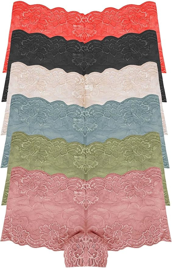 RUNYA Womens Lace Boyshort Panties Sexy Lingerie Underwear Briefs , Pack of 6 | Amazon (US)