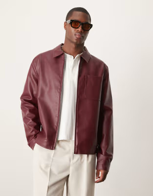 ASOS DESIGN faux leather harrington jacket in burgundy | ASOS (Global)