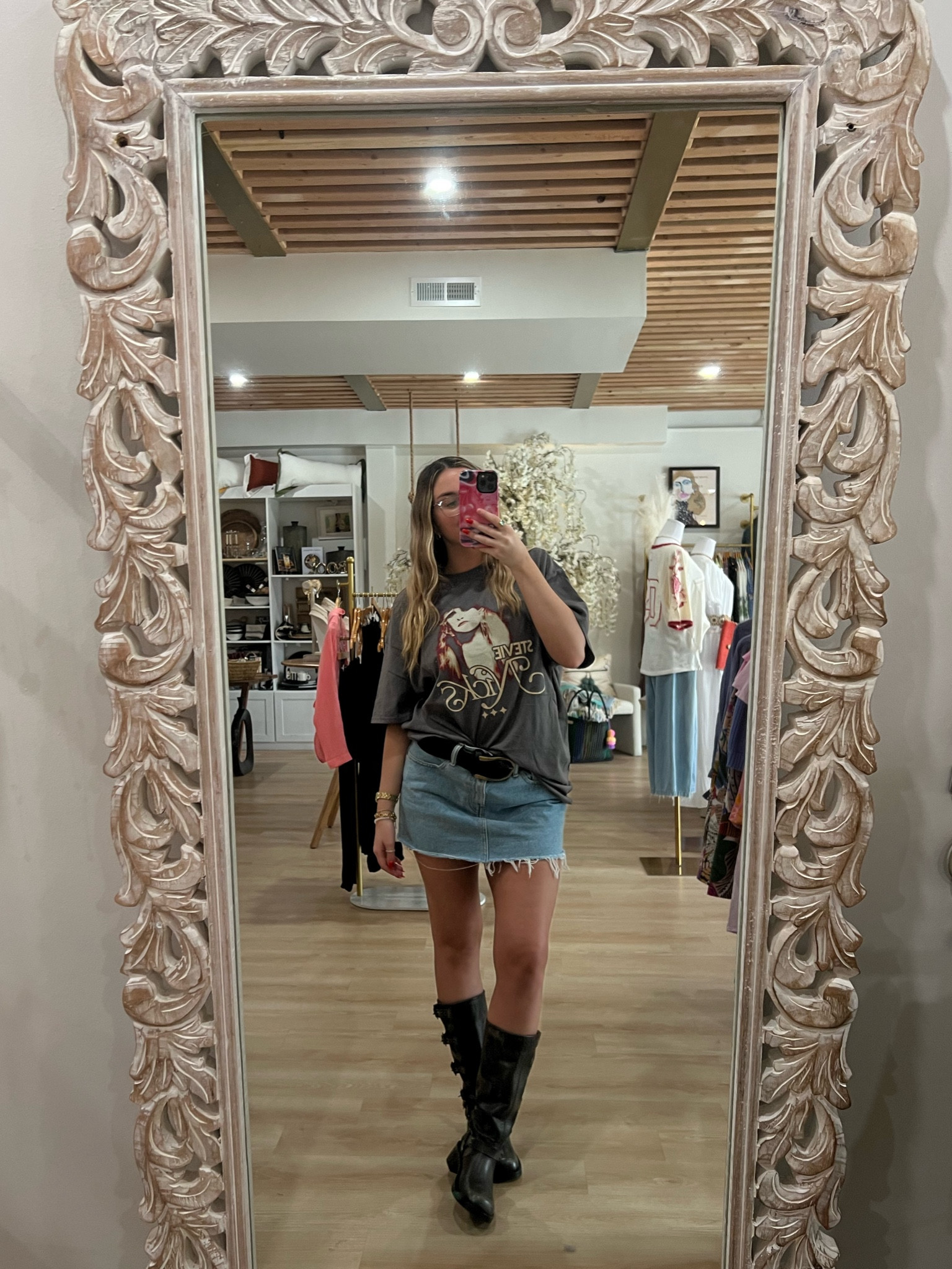 Spring summer outfit inspo 
Top: Stevie nicks concert merch 
Skirt: Levi’s (bought a longer skirt and shortened it myself definitely recommend doing this for the perfect length I also sized up for a looser low rise fit) 
Boots: Steve Madden 
Belt: Free people 

#LTKShoeCrush #LTKSeasonal #LTKFestival