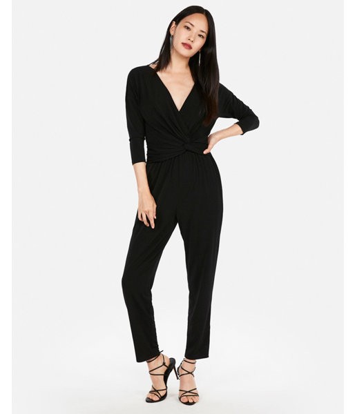 Express Womens Petite Long Sleeve Twist Front Jumpsuit Black Women's Xxs Petite Black Xxs Petite | Express