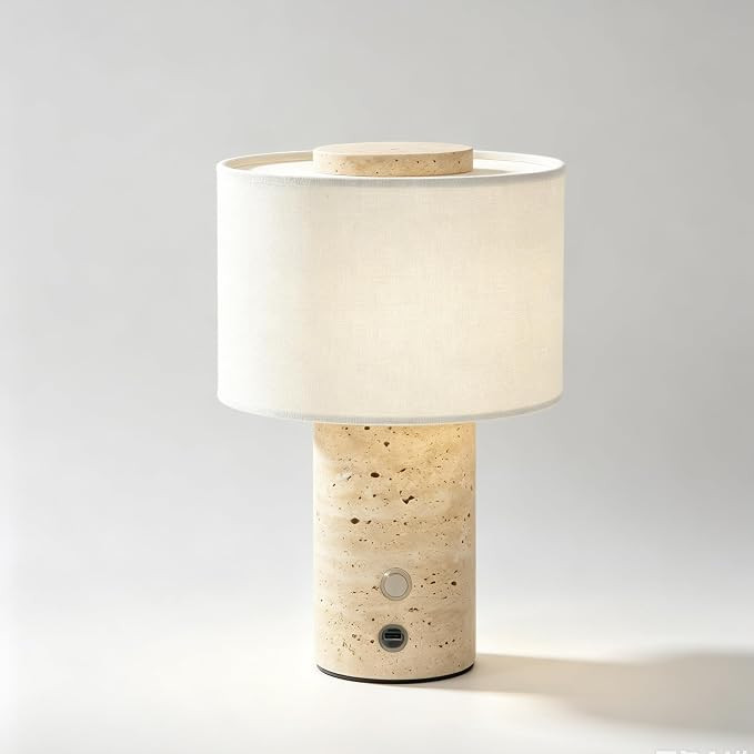 Marble Lamp, Rechargeable Cordless Stone Touch Table Lamp | Travertine Stone Marble Linen Shade, ... | Amazon (US)