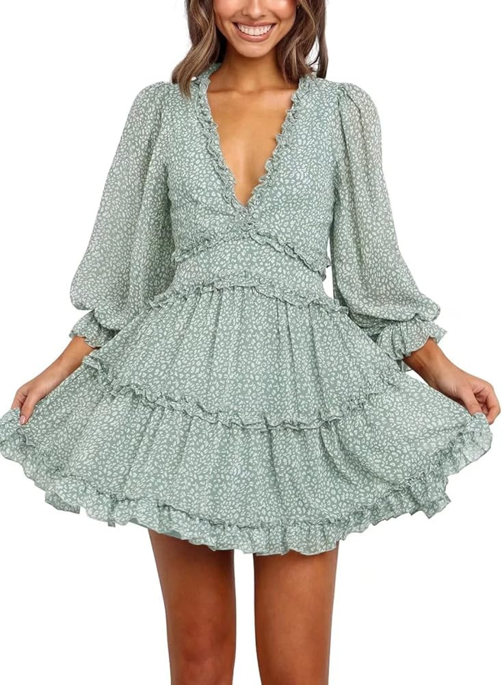 Dokotoo Womens Spring Summer Deep V Neck Ruffle Long Sleeve Floral Print Mini Dress | Amazon (US)
