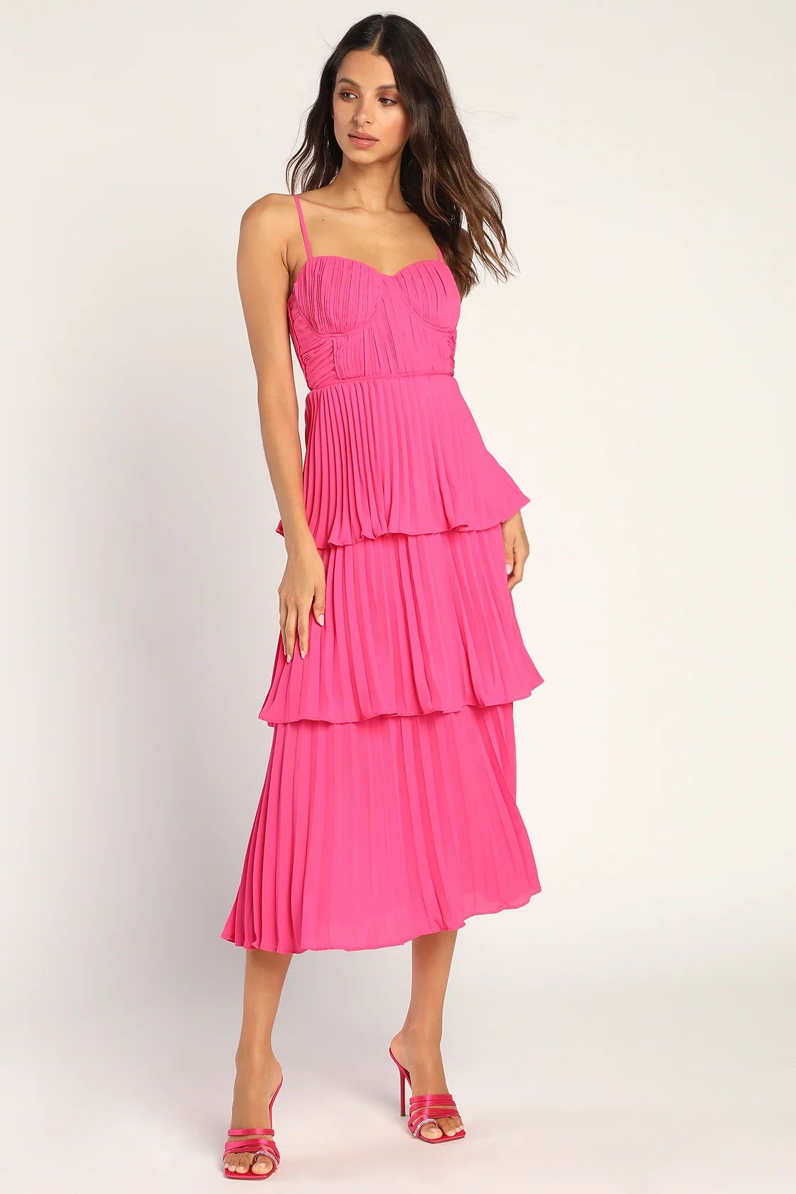 Cascading Crush Hot Pink Tiered Bustier Midi Dress | Lulus