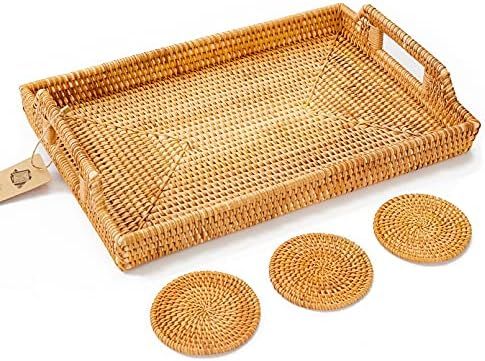 Large Rattan Tray with Rattan Coasters - Premium Flat Rectangular Serving Tray with Handles, Wicker  | Amazon (US)