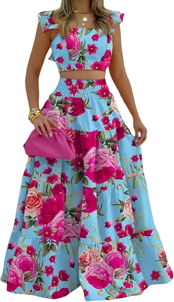 Maxi Skirt Sets for Women 2 Piece Outfits Ruffle Sleeve Crop Tank Top and High Waist Tiered Skirt... | Amazon (US)
