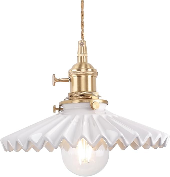 Pendant Light White Pleated Ceramic Brass Vintage Hanging Light | Amazon (US)