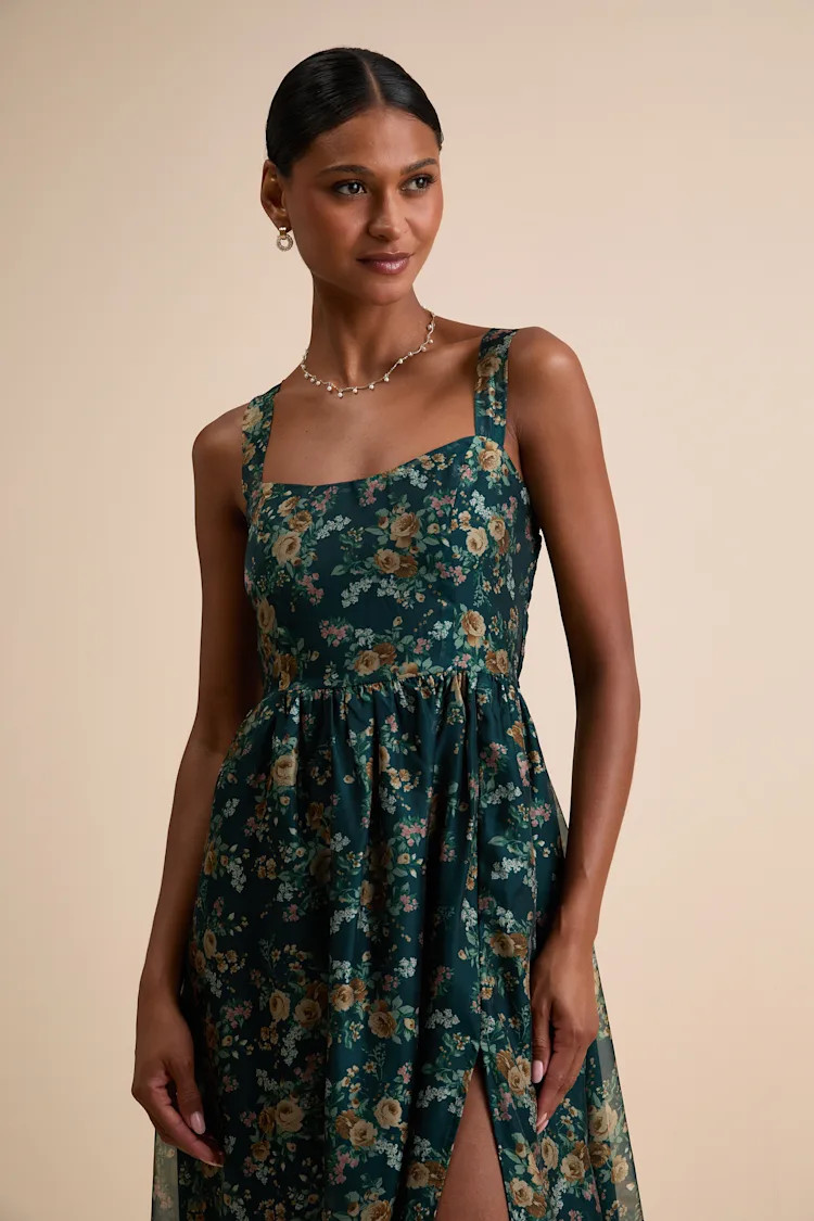 Francesca Dark Teal Floral Sleeveless Midi Dress | Lulus