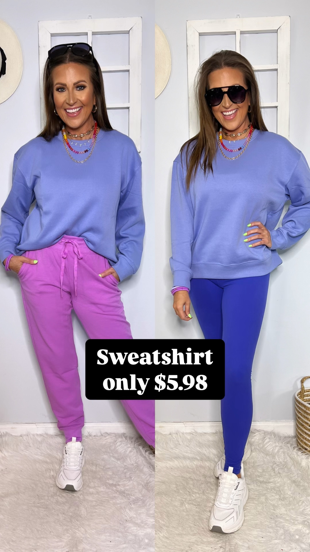 Super soft sweatshirt on sale! I love this color! It’s perfect for spring, too! I sized up to a medium. Both pants are smalls. I am 5’3”, 120, 30DDD-27-38. 

Athleisure, elevated casual outfit, winter fashion, winter outfit, spring fashion, spring outfit, white sneakers 

#LTKSeasonal #LTKFindsUnder50 #LTKShoeCrush