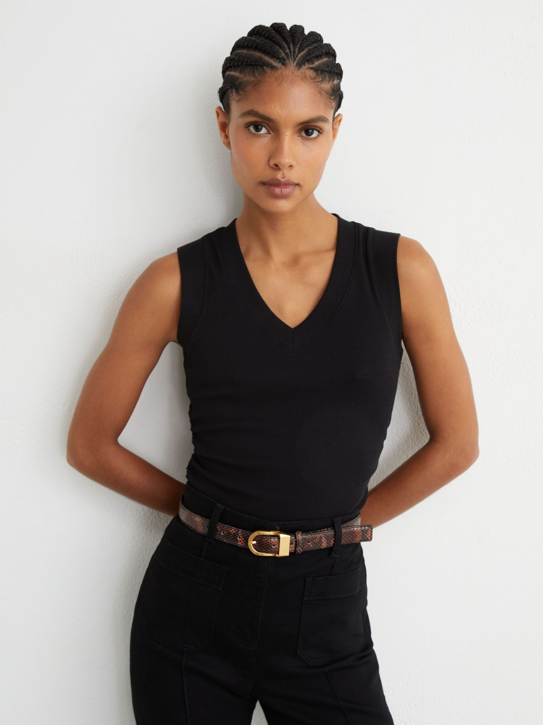 Reiss Stretch-Cotton Rib Ruched V-Neck Vest in Black - REISS | Reiss UK