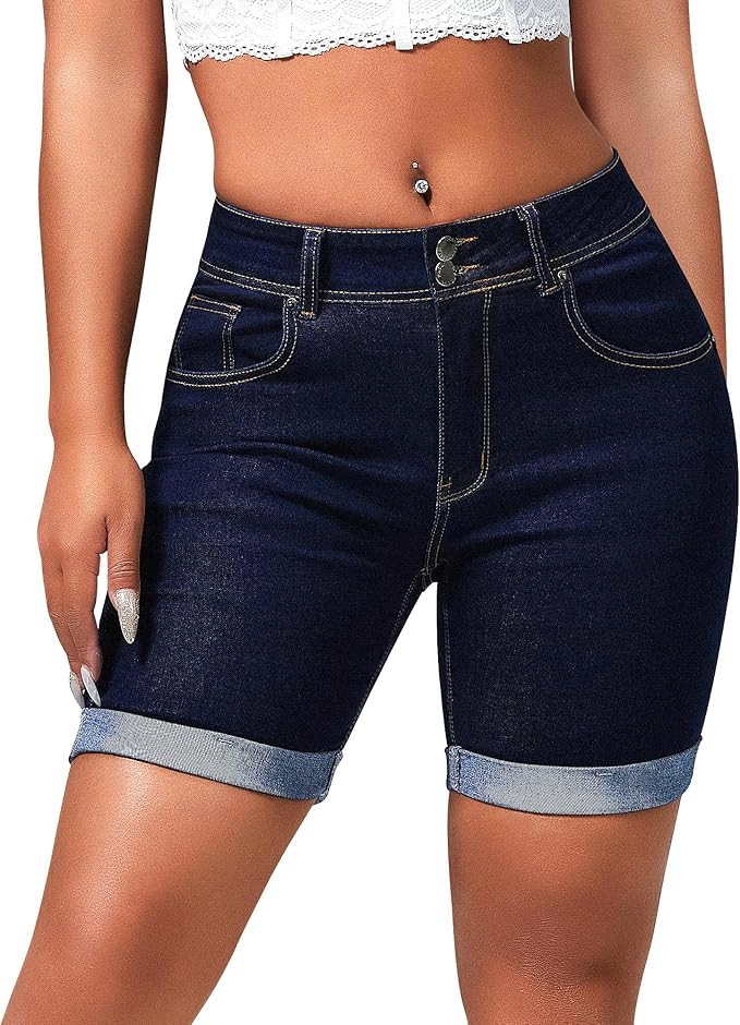 roswear Women's Mid Rise Skinny Butt Lifting Stretchy Bermuda Jeans Shorts | Amazon (US)