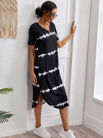 Striped Curved Hem Split Tee Dress | SHEIN