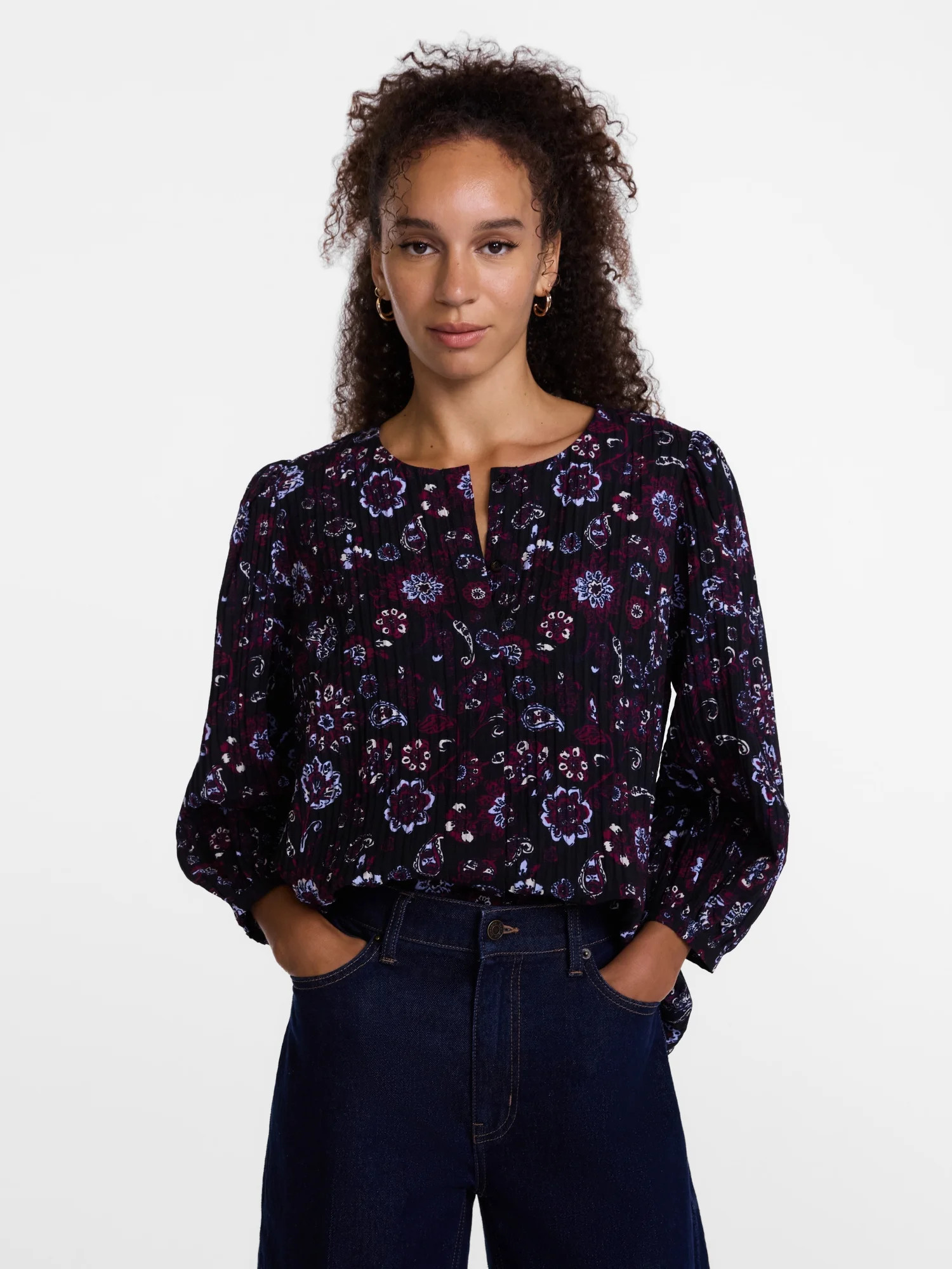 Scenario Women's and Women's Plus Blouse with 3/4-Length Puff Sleeves, Sizes XS-4X | Walmart (US)