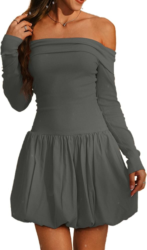 HYPERFIRE Women's Elegant Off The Shoulder Long Sleeve Bubble Hem Dress Going Out Birthday Dresse... | Amazon (US)