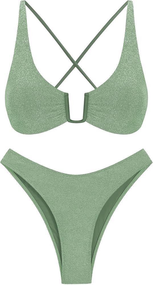 ZAFUL Women's Two Piece Swimsuit Textured U-Wired Metal Criss Cross String Bikini High Leg Bathin... | Amazon (US)