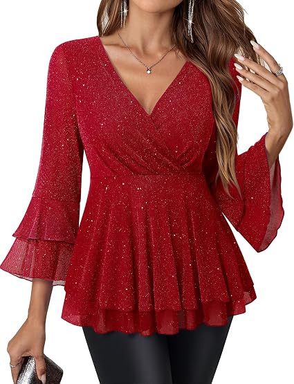 Lotusmile Women's Dressy Blouses Ruffle 3/4 Sleeve Peplum Sparkly Tops | Amazon (US)